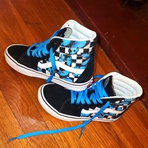 High top black & white checkered vans with blue butterfly accents sz. 5.5